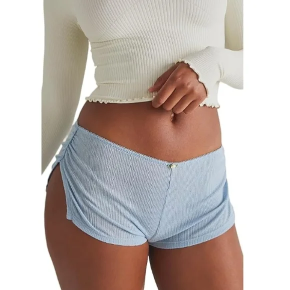 Cute Micro Pajamas Shorts Low Rise Side Slit Ruched Shorts Blue - Picture 2 of 7